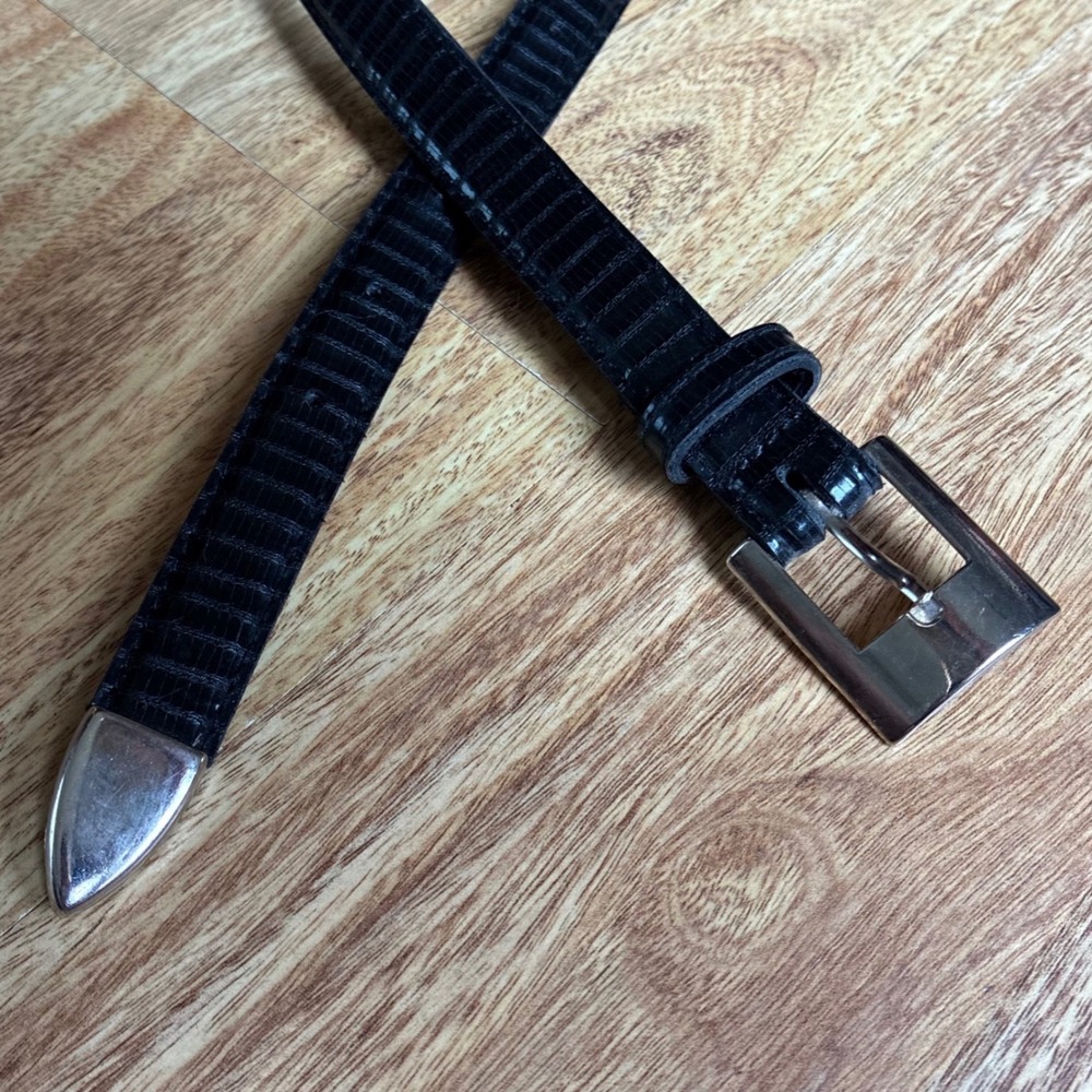 Vintage Lizard Embossed Belt Black 36 Western Silver Buckle Slim Metal Tip